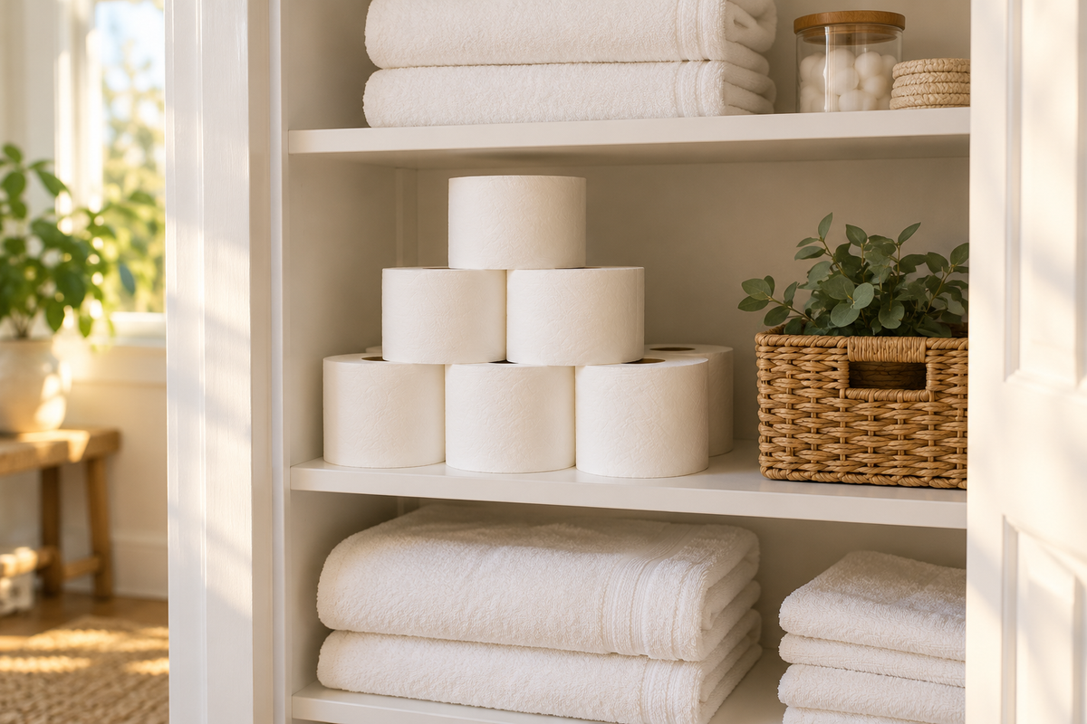 Linen closet stocked with white toilet paper rolls and folded towels