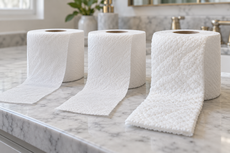 Three toilet paper rolls showing 1-ply, 2-ply and 3-ply sheet thickness
