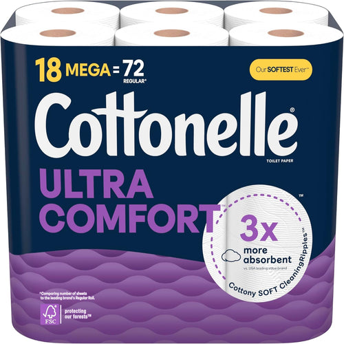 Cottonelle Ultra Comfort Toilet Paper, 18 Mega Rolls, 2-Ply