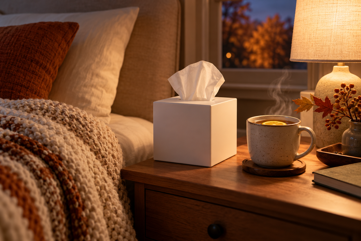 Tissue box and a mug of tea on a bedside table during cold season