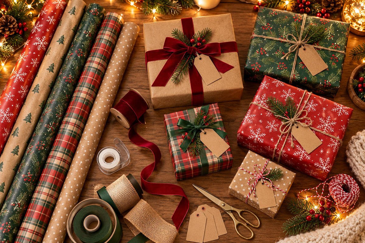 Christmas wrapping paper rolls, measuring tape and wrapped gifts on a table