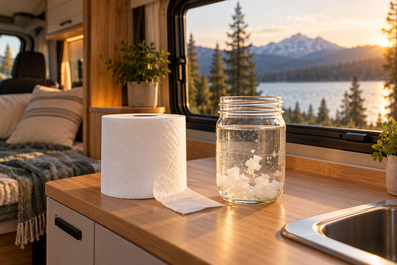 Toilet paper roll and a water jar test for septic-safe paper inside an RV