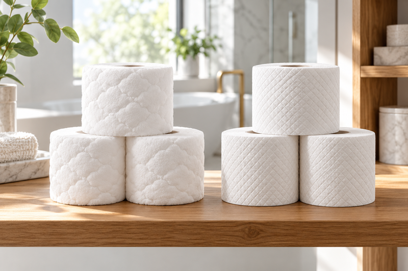 Two stacks of toilet paper comparing a plush sheet and a textured sheet