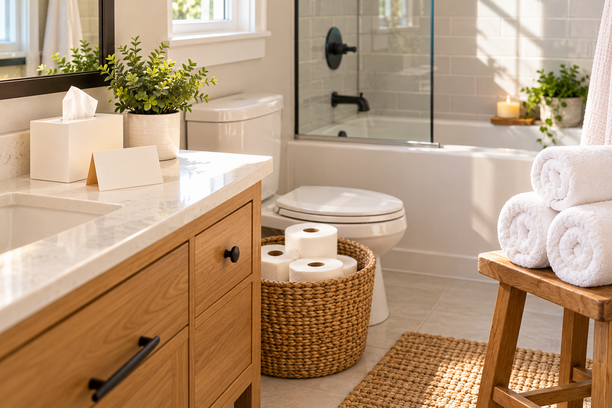 Guest-ready rental bathroom with spare toilet paper rolls in a basket