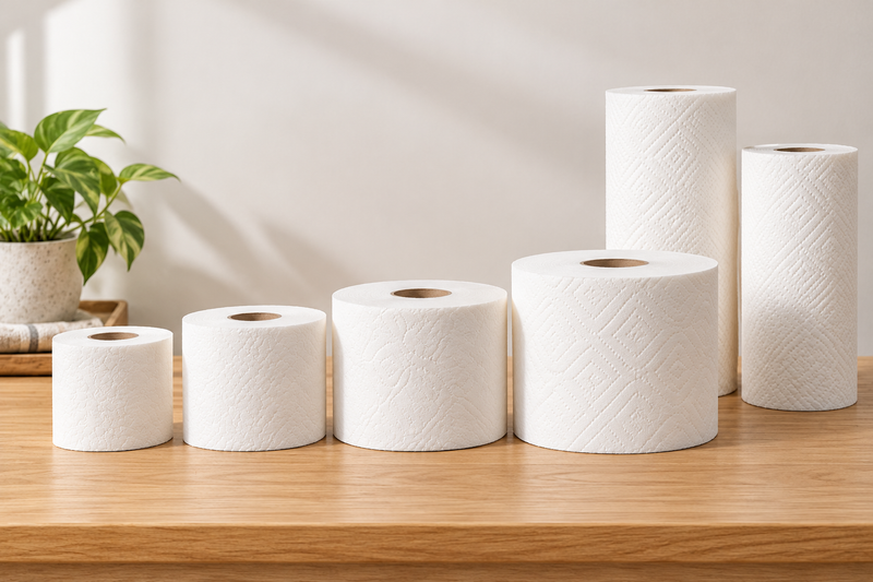 Toilet paper and paper towel rolls arranged from smallest to largest