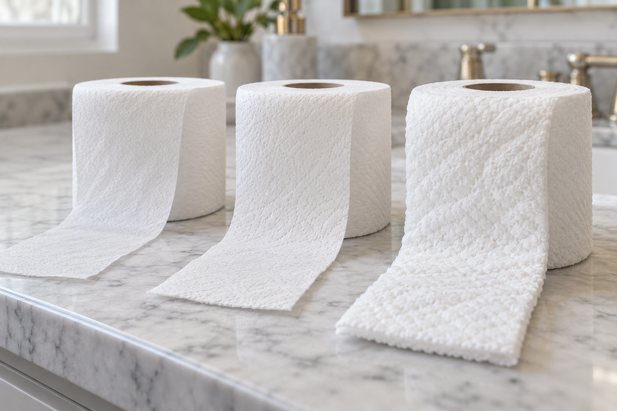 Three toilet paper rolls showing 1-ply, 2-ply and 3-ply sheet thickness