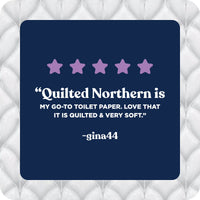 Quilted Northern toilet paper with customer review on a textured white background