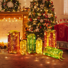 3pcs 18in-15in-11in Green Gold Christmas Lighting Gift Box