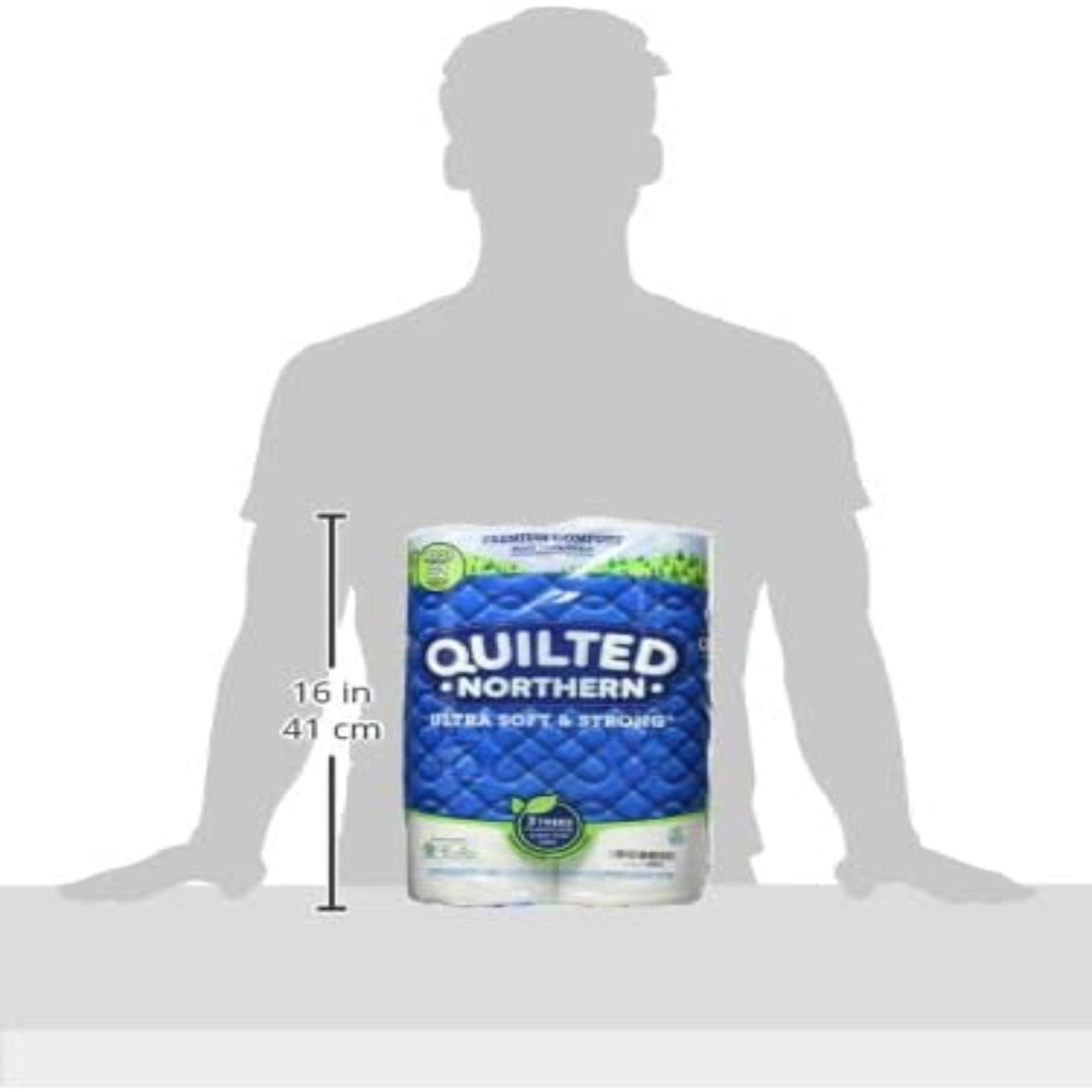 Quilted Northern toilet paper package with a silhouette of a person for scale on a white background