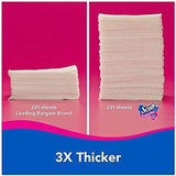 Comparison of two stacks of paper towels with text indicating quantity and thickness on a pink and blue background.