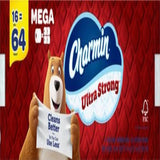 Charmin Ultra Strong toilet paper package with a bear character holding a sheet of toilet paper on a red background.