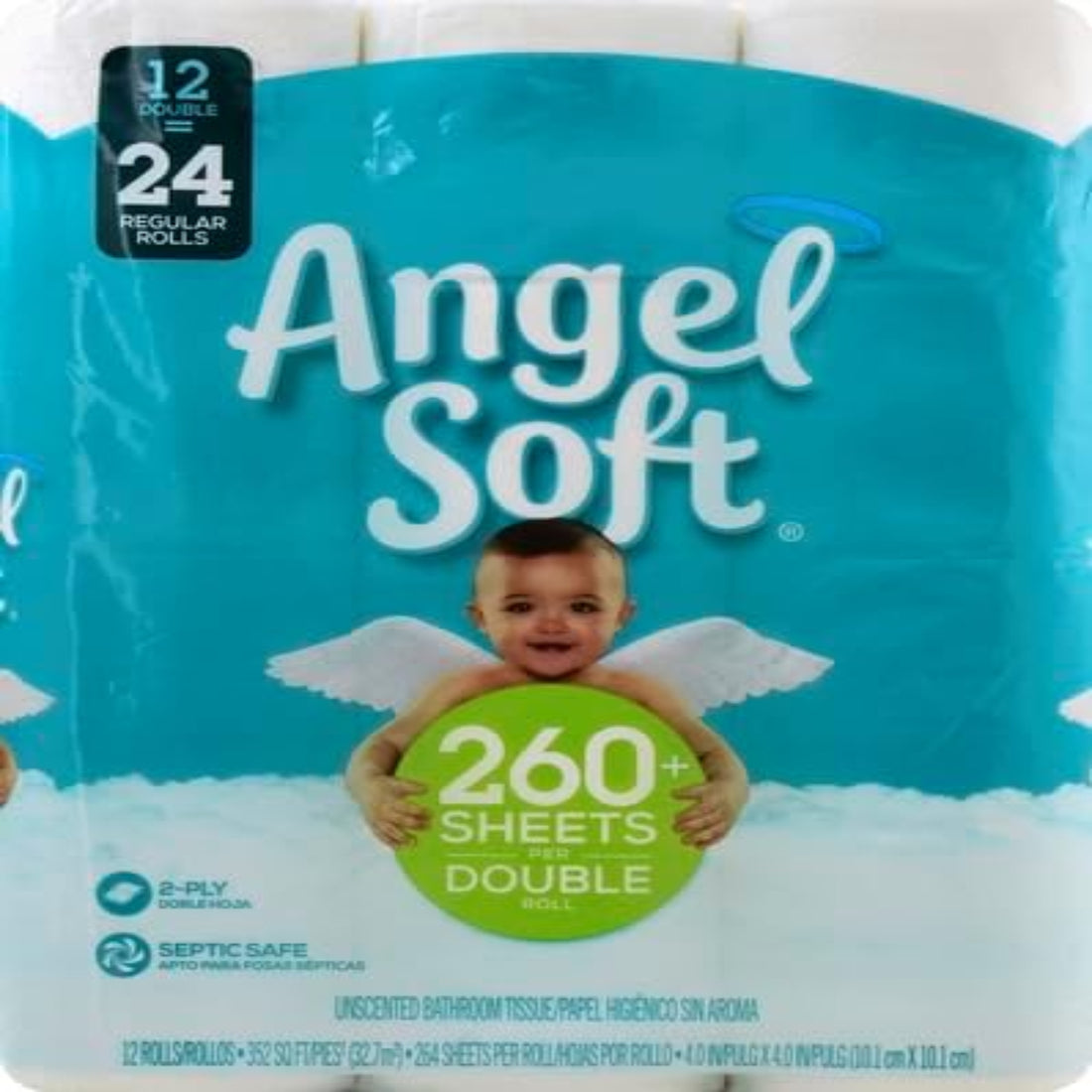 Pack of Angel Soft toilet paper with a child holding a green circle indicating 260+ sheets per double roll.