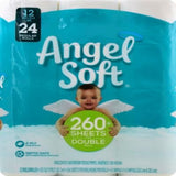 Pack of Angel Soft toilet paper with a child holding a green circle indicating 260+ sheets per double roll.