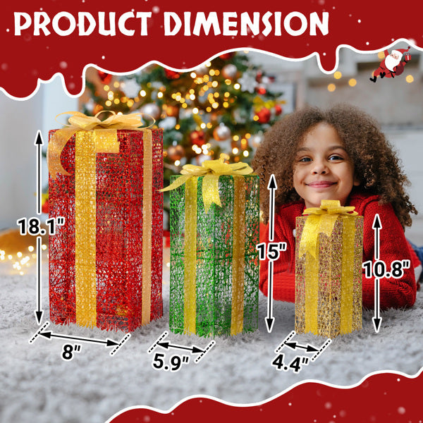 3pcs 18in-15in-11in Green Gold Christmas Lighting Gift Box