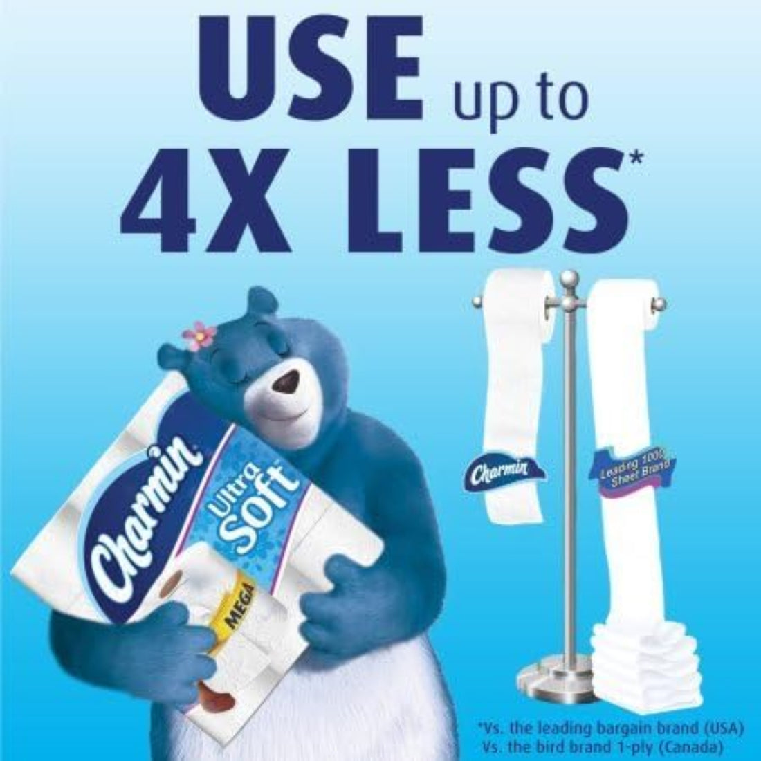 Bear character holding Charmin Ultra Soft toilet paper with text on a blue background