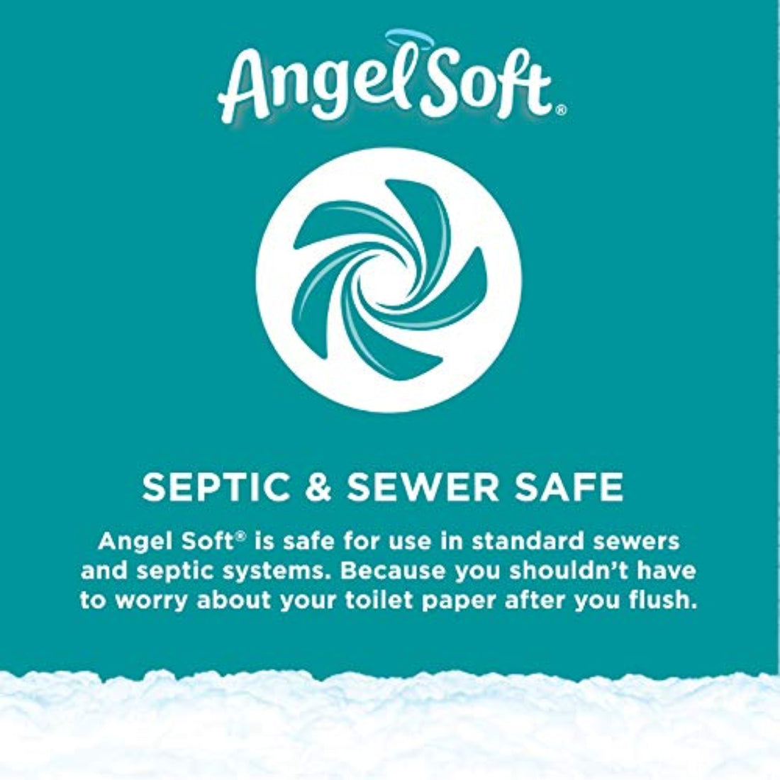 Angel Soft toilet paper packaging with text about septic and sewer safety on a teal background.