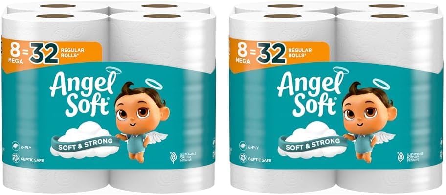 Angel Soft® Toilet Paper, 8 Mega Rolls : 32 Regular Rolls, 2-Ply Bath Tissue, 320 Sheets per Roll, 8 Count, White (Pack of 2)