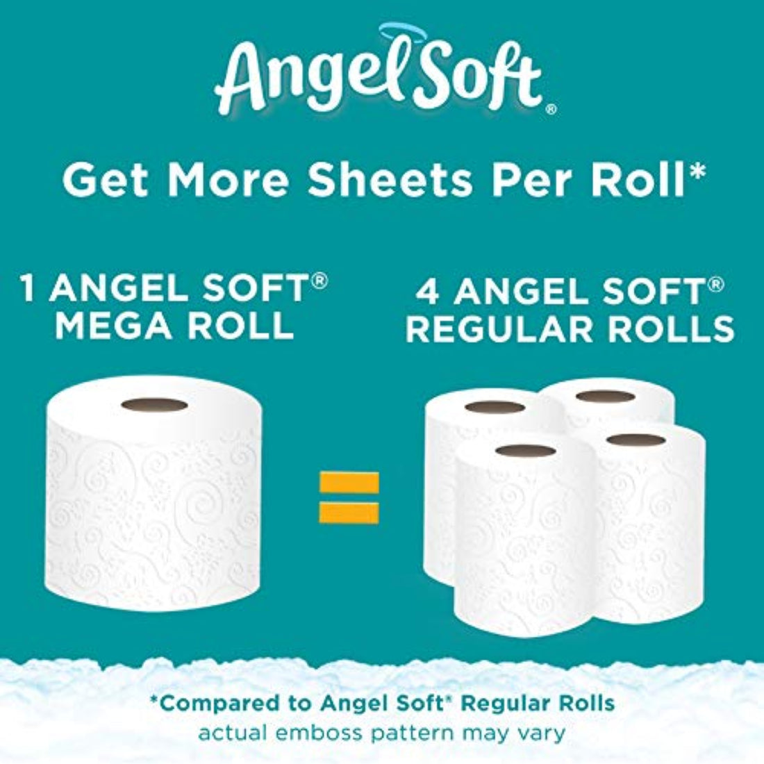 Comparison of Angel Soft Mega Roll to multiple Regular Rolls on a teal background