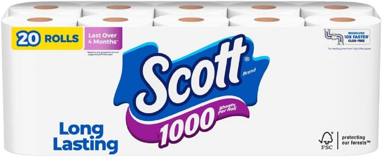 Scott 1000 Toilet Paper, 20 Regular Rolls, Septic-Safe, 1-Ply Toilet Tissue