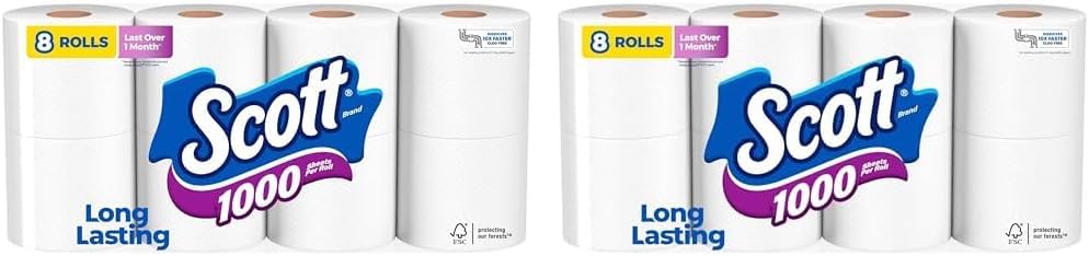 Scott 1000 Toilet Paper, 8 Rolls, Septic-Safe, 1-Ply Toilet Tissue (Pack of 2)