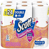 Scott Comfort Plus toilet paper package with 24 double rolls.