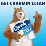 Animated bear holding a Charmin Ultra Soft toilet paper package against a blue background
