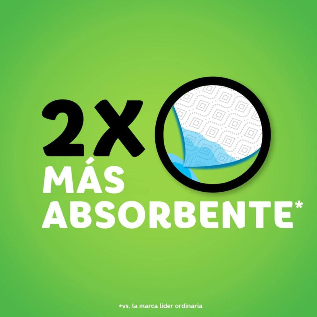 Promotional graphic with text '2X Más Absorbente' on a green background