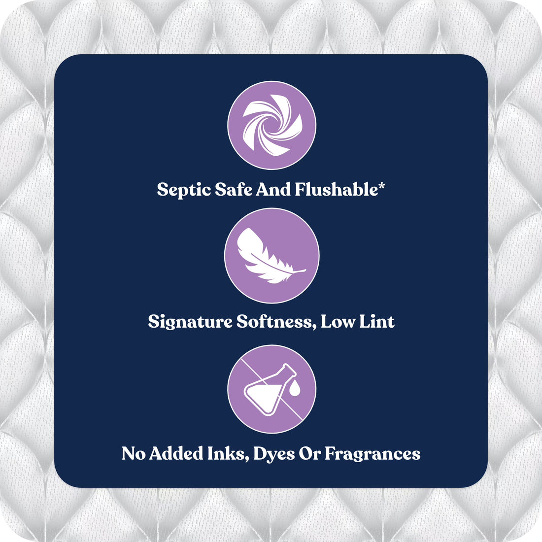 Navy label with purple icons and text on a textured white background
