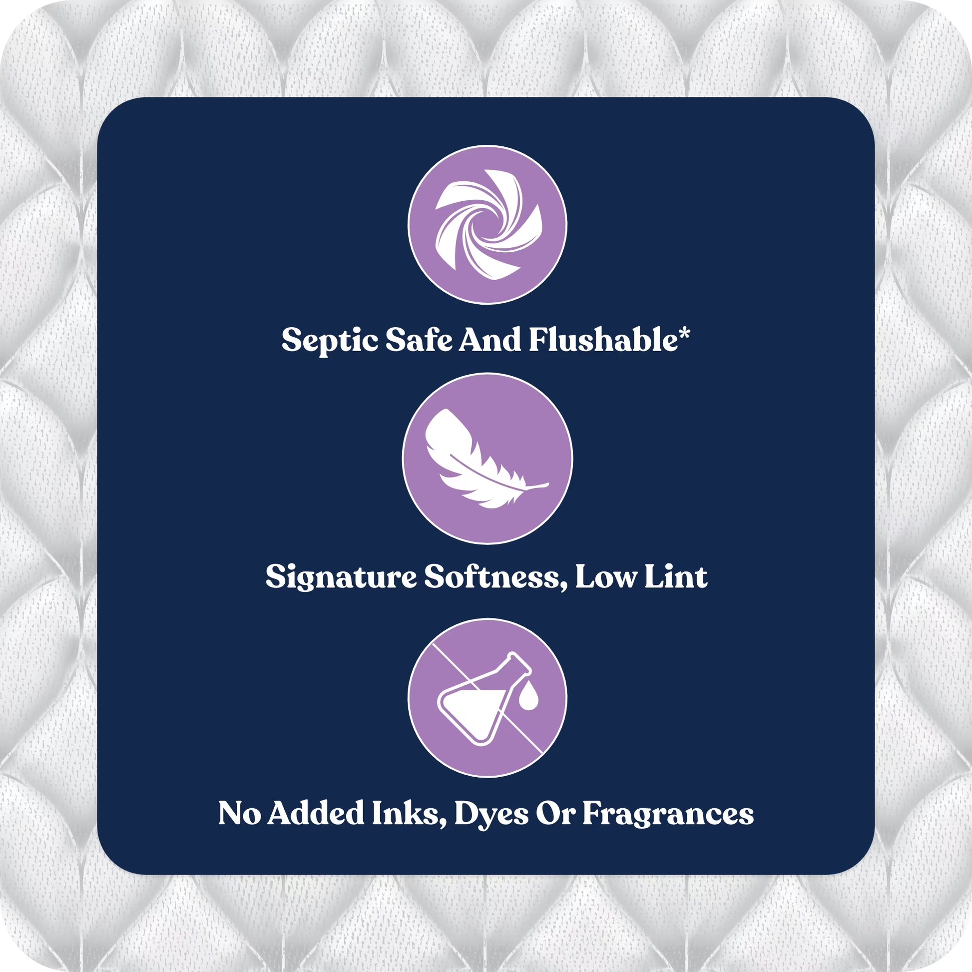 Navy label with purple icons and text on a textured white background