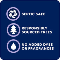Certification labels for septic safety, responsibly sourced trees, and no added dyes or fragrances on a blue background.