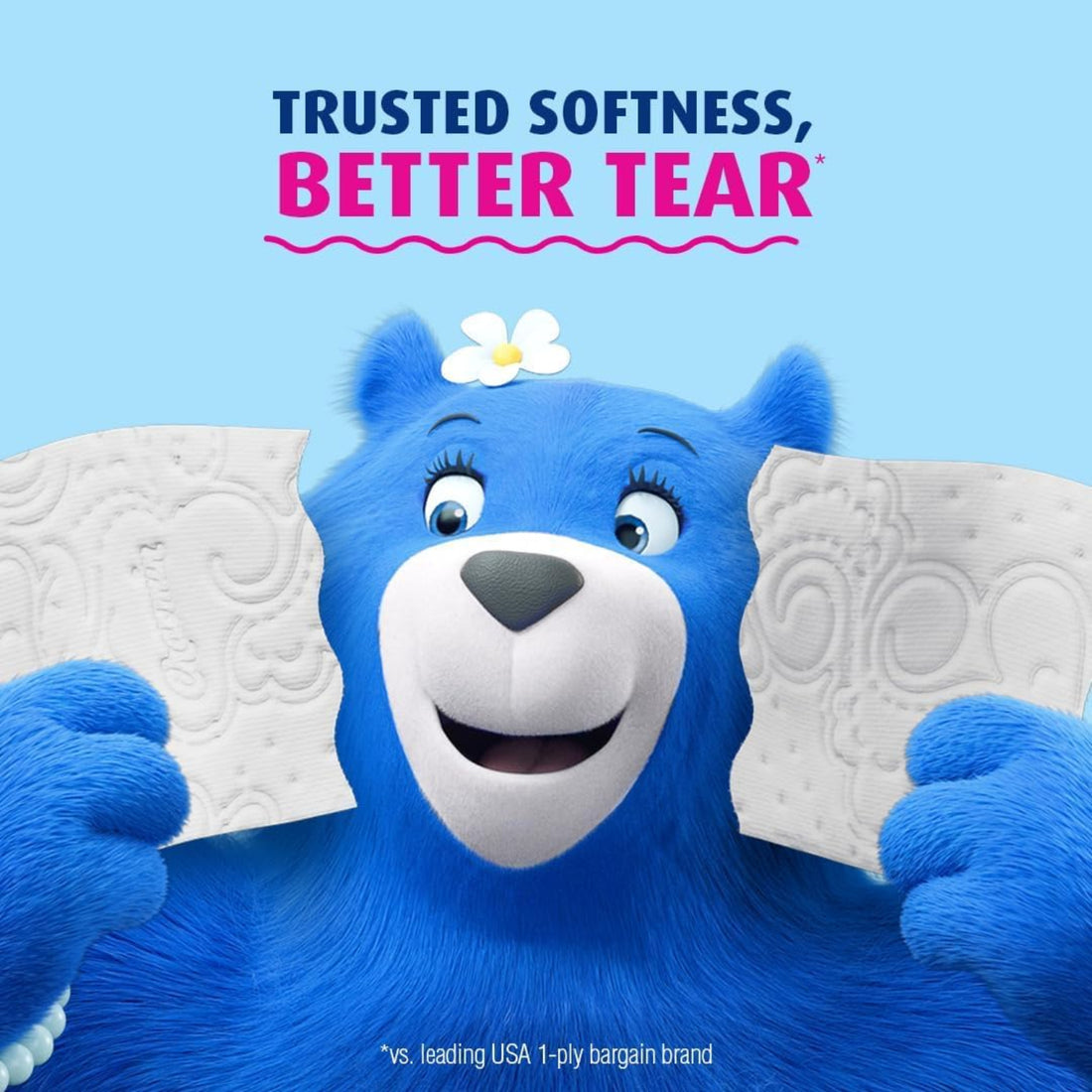 Blue bear character holding tissues with text 'Trusted Softness, Better Tear' on a blue background