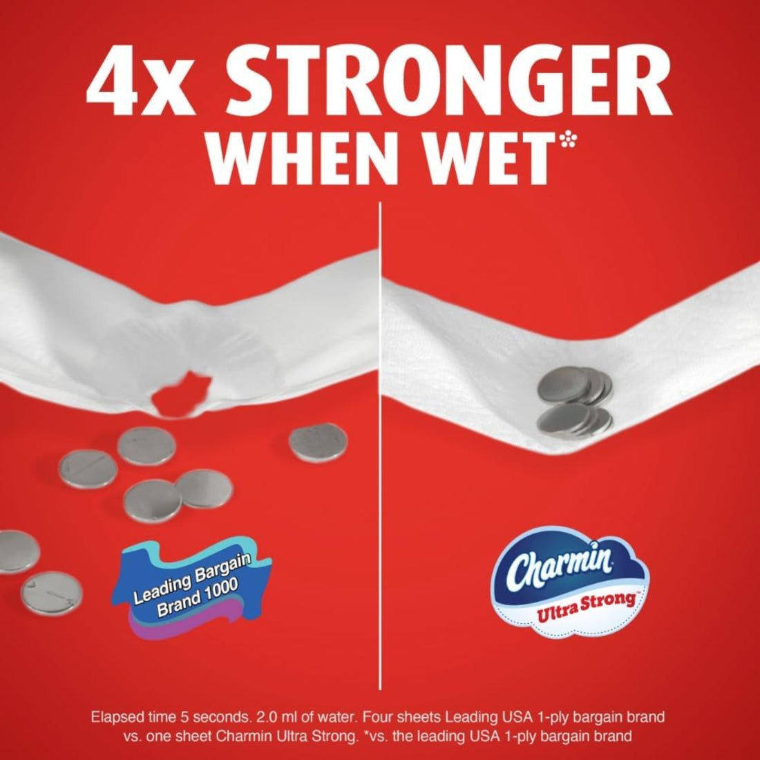 Advertisement showing Charmin Ultra Strong toilet paper with coins on a red background