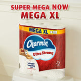 Charmin Ultra Strong Mega XL toilet paper roll with branding and text on a white background