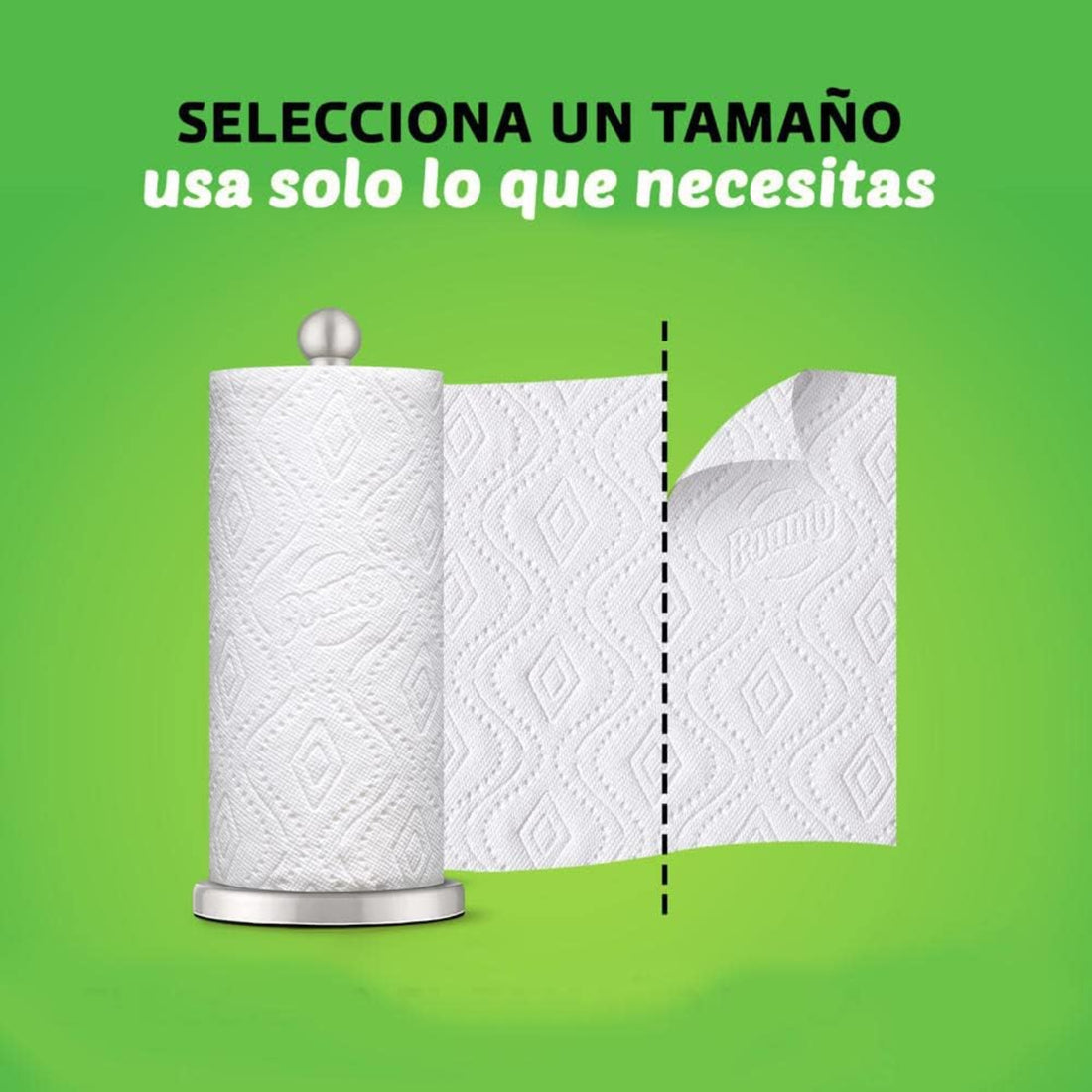 Paper towel roll with holder on a green background with text in Spanish.