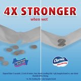 Comparison of Leading Bargain Brand 1000 and Charmin Ultra Strong toilet paper strength on a blue background.