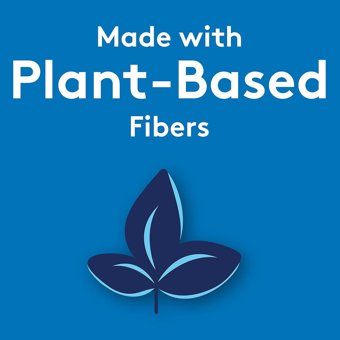 Logo with 'Made with Plant-Based Fibers' text and a leaf symbol on a blue background