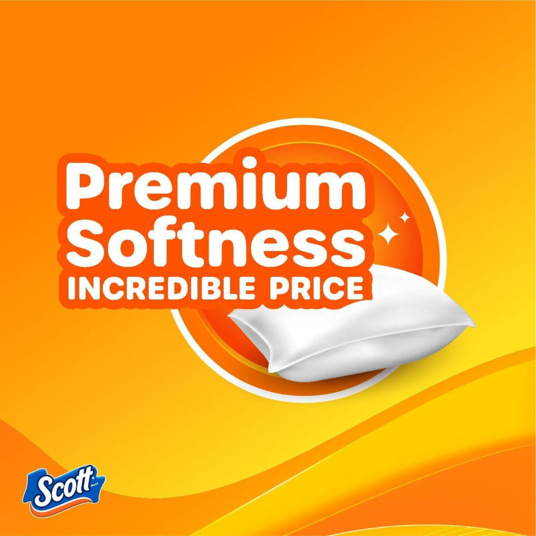 Scott towel with 'Premium Softness, Incredible Price' text on an orange background
