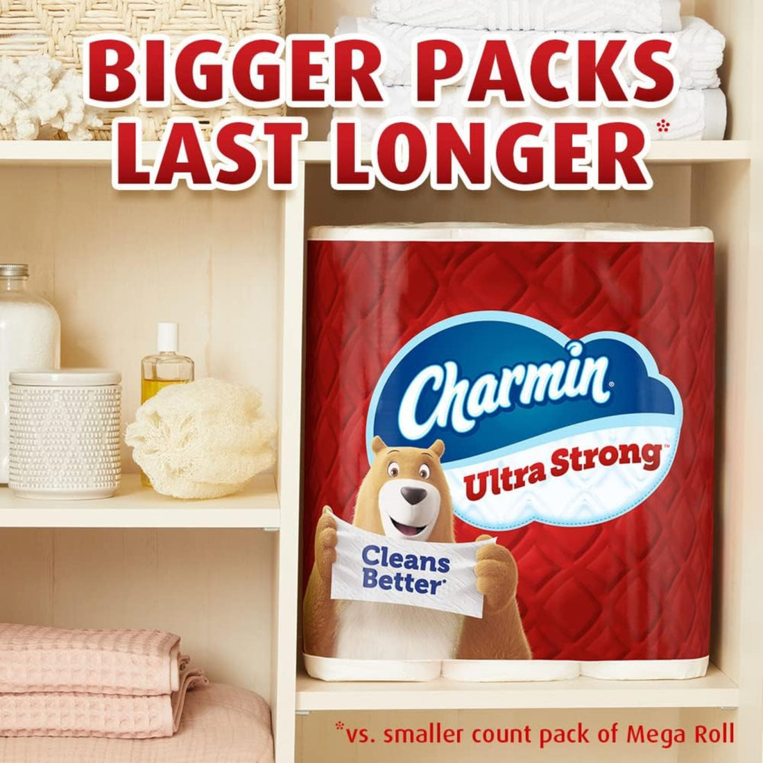Charmin Ultra Strong toilet paper roll with bear character on a shelf.
