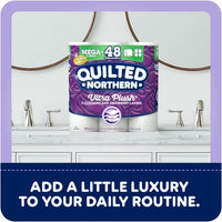 Quilted Northern toilet paper package on a bathroom counter with text 'Add a little luxury to your daily routine.'