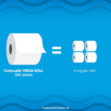 Cottonelle Mega Roll comparison with four regular rolls on a blue background