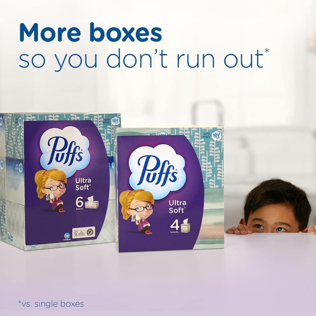 Puffs Ultra Soft Facial Tissues, 1 Family Size Box, 124 Facial Tissues Per Box (Pack of 4)
