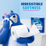 Blue bear character holding a roll of toilet paper with 'Irresistible Softness' text above.