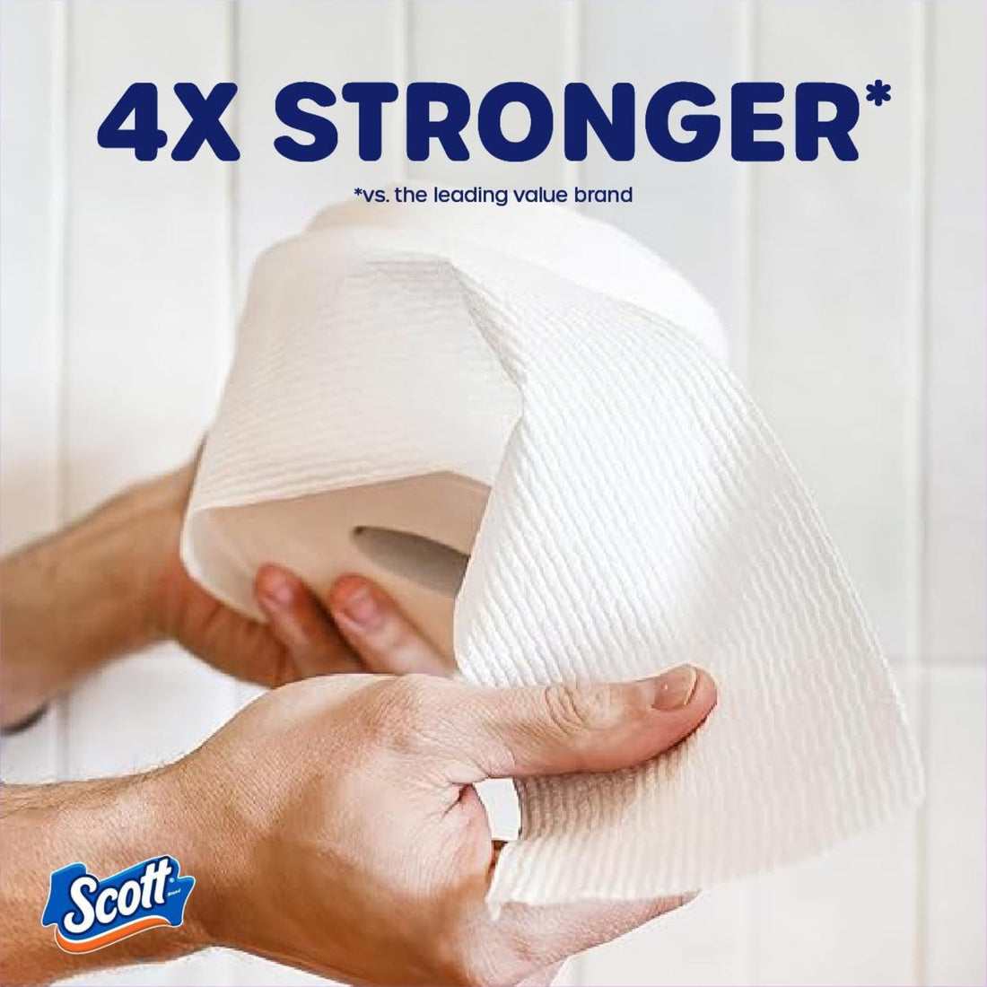 Scott toilet paper being pulled with text '4X Stronger' and Scott logo.