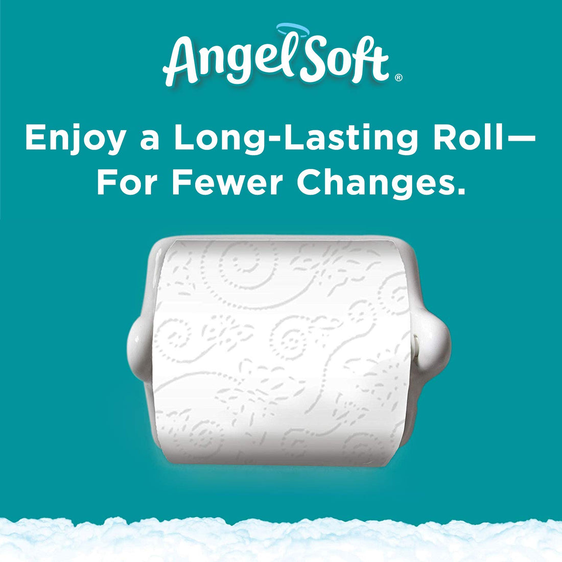 Angel Soft toilet paper roll with text on a teal background
