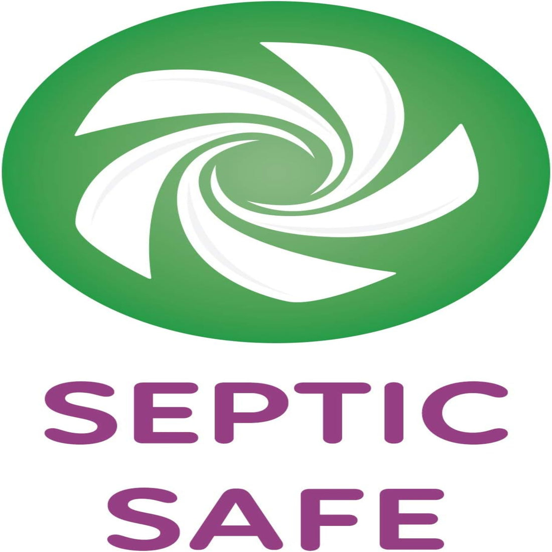Logo with a green circle and white spiral design, accompanied by the text 'SEPTIC SAFE' in purple.