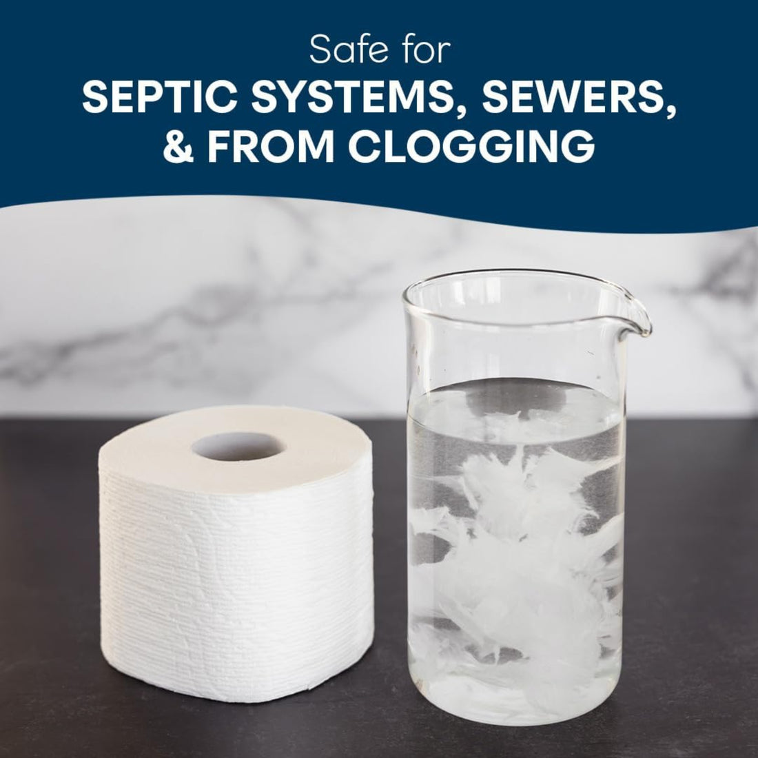 Roll of toilet paper and glass with water on a dark surface, with text about septic system safety.