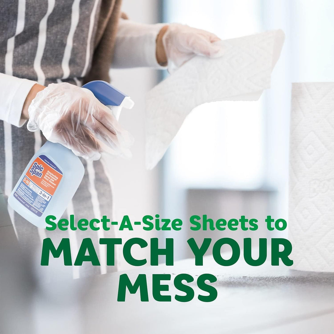 Person cleaning a surface with a spray bottle, text overlay about select-a-size sheets.