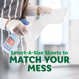 Person cleaning a surface with a spray bottle, text overlay about select-a-size sheets.