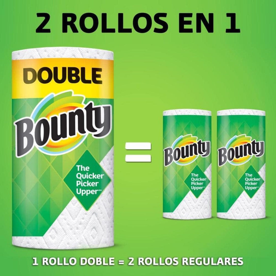 Bounty paper towel packaging with a double roll and two regular rolls on a green background