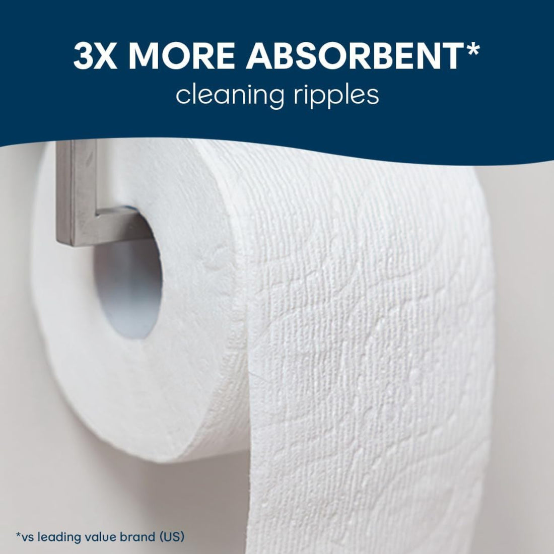 Roll of white paper towel with text highlighting absorbency on a blue background